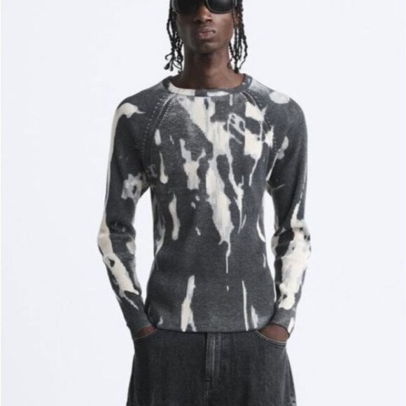 Zara Grey Abstract Print Long Sleeve Crew Neck Pullover Knit Sweater Men's Small - Picture 1 of 8